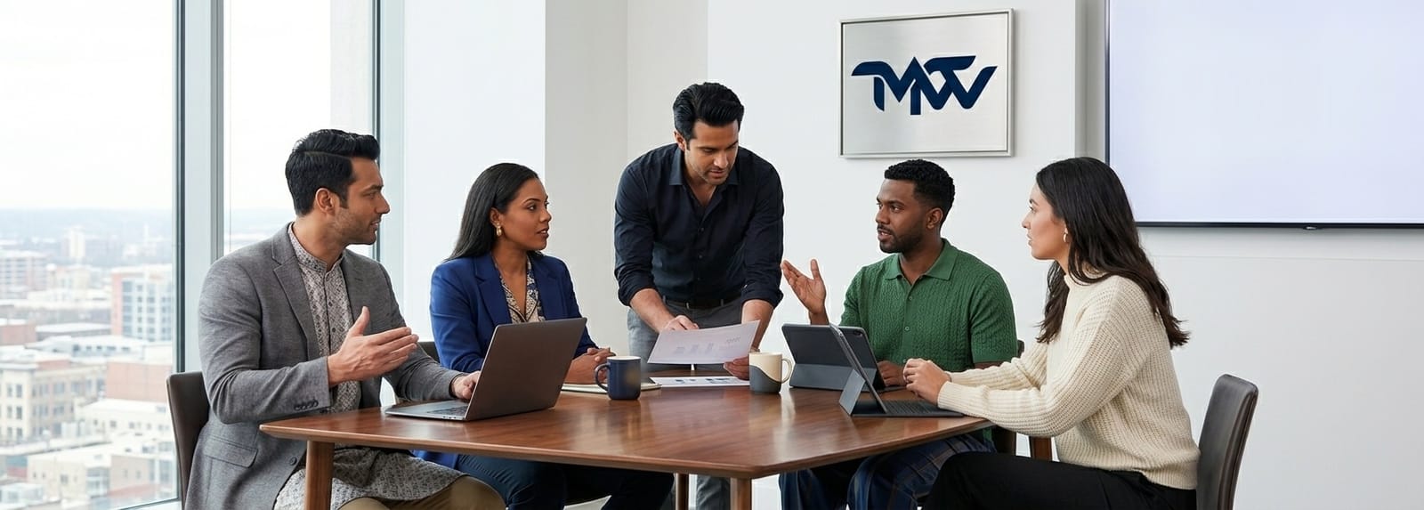 A team of five people discussing ideas around a meeting table, with the TWMTW logo on the wall