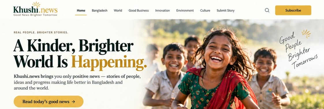 Design preview of the Khushi.news homepage: “A Kinder, Brighter World Is Happening”, with smiling children